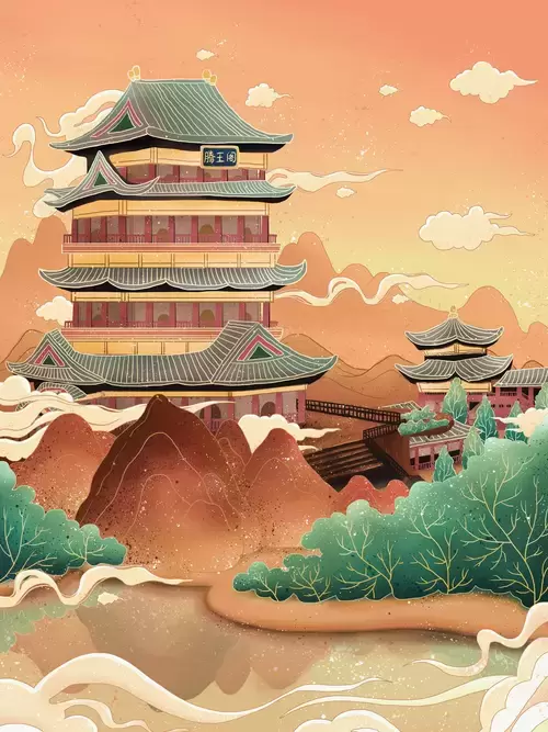중국의 유명한 고대 건물,등왕각 일러스트